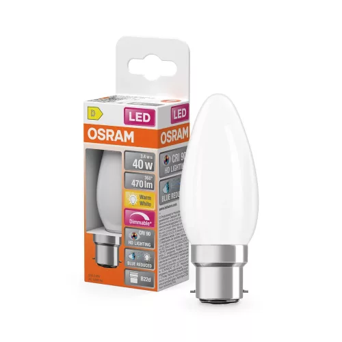OSRAM Superstar+ dimm. LED izzó gyertya forma, matt búra, B22d, 3,4W, 470lm, 2700K meleg fehér