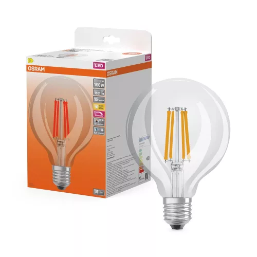 OSRAM Superstar+ dimm. LED izzó, Globe átlátszó üveg búra, E27, 11W, 1521lm, 2700K meleg fehér