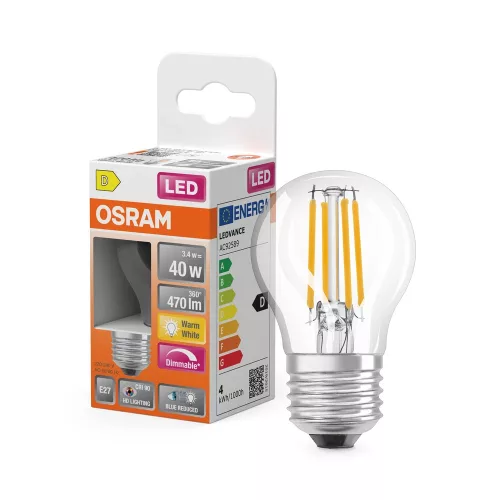 OSRAM Superstar+ dimmelhető LED kisgömb izzó, üveg búra, E27, 3,4W, 470lm, 2700K meleg, filament