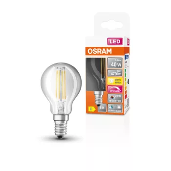 OSRAM Superstar+ dimmelhető LED kisgömb izzó, átlátszó üveg, E14 foglalat, 3,4W, 2700K, 470lm