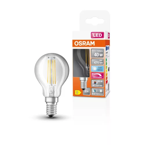 OSRAM Superstar+ dimmelhető LED kisgömb izzó, átlátszó üveg, E14 foglalat, 3,4W, 4000K, 470lm