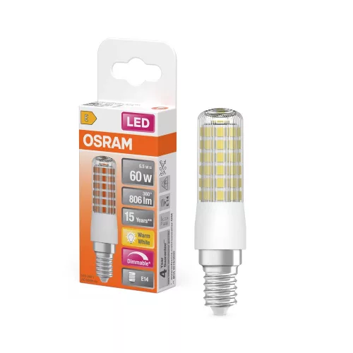 OSRAM dimmelhető LED ceruza izzó, cső forma, átlátszó üveg, E14 foglalat, 6,5W, 2700K, 806lm