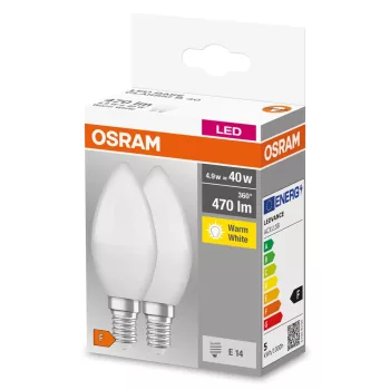 OSRAM Base LED gyertya izzó matt plasztik búra, E14 foglalat, 4,9W, 2700K, 470lm, meleg fehér, 2db
