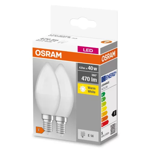 OSRAM Base LED gyertya izzó matt plasztik búra, E14 foglalat, 4,9W, 2700K, 470lm, meleg fehér, 2db