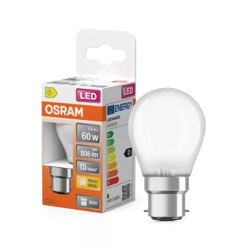 OSRAM Star LED izzó kisgömb forma, matt plasztik búra, B22d foglalat, 5,9W, 806lm, 2700K meleg fehér