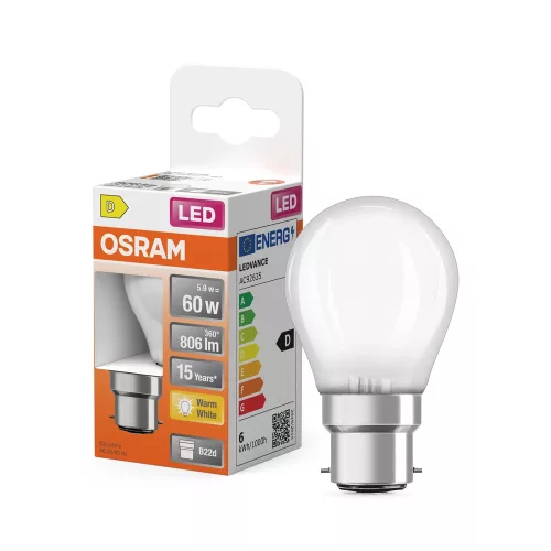 OSRAM Star LED izzó kisgömb forma, matt plasztik búra, B22d foglalat, 5,9W, 806lm, 2700K meleg fehér