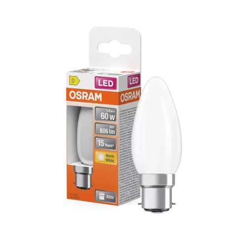 OSRAM Star LED izzó gyertya forma, matt plasztik búra, B22d foglalat, 5,9W, 806lm, 2700K meleg fehér