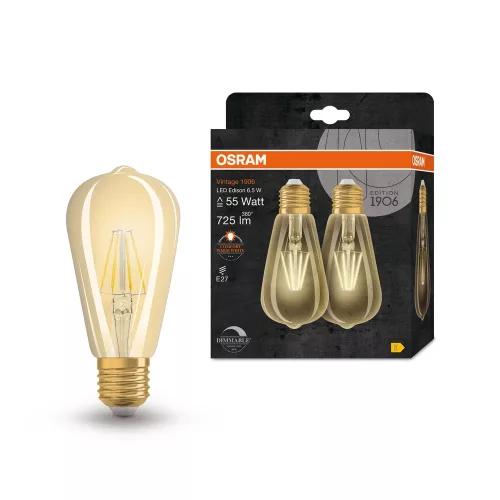 OSRAM Vintage 1906 dimm. LED Edison forma, üveg, átlátszó arany E27, 6,5W, 725lm, 2400K extra meleg 
