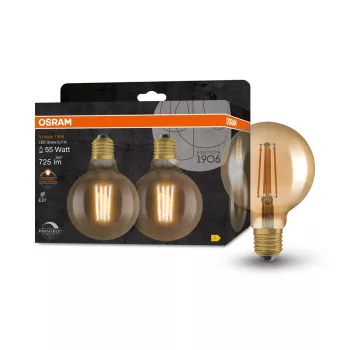 OSRAM Vintage 1906 dimm. LED, Globe üveg búra, arany E27, 6,5W, 725lm, 2400K extra meleg fehér 2db