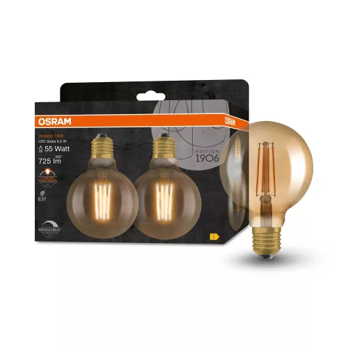 OSRAM Vintage 1906 dimm. LED, Globe üveg búra, arany E27, 6,5W, 725lm, 2400K extra meleg fehér 2db