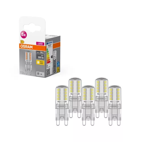 OSRAM Base LED izzó, kapszula forma, üveg búra, G9 foglalat, 2,6W, 320lm, 2700K meleg fehér 5db