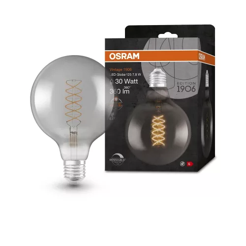 OSRAM Vintage 1906 LED Globe izzó füst üveg, E27 foglalat, 7,8W, 1800K, 360lm, 124mm átmérő