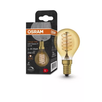 OSRAM Vintage 1906 dimmelhető LED kisgömb izzó, arany üveg, E14, 3,4W, 250lm, 2200K, filament