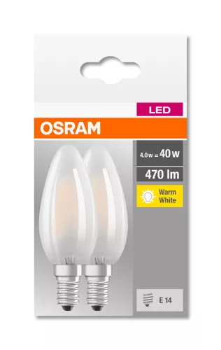 OSRAM Base LED gyertya izzó, matt üveg búra, E14 foglalat, 4W, 2700K, 470lm, meleg fehér