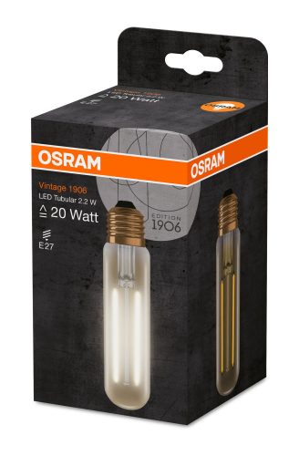 OSRAM Vintage LED cső, átlátszó üveg búra, 2,5W 200lm 2000K E27, átlagos élettartam: 15000 óra, fényszín: extra meleg fehér LED VINTAGE CL TUBULAR 20 FIL 2.5W 2000K E27 ( 4058075808171 )