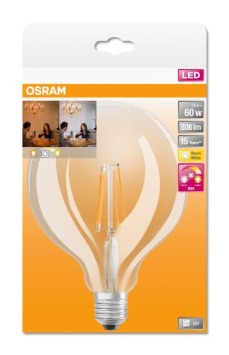 OSRAM Star+ GLOWdim LED Edison körte, átlátszó üveg búra, 7W 806lm 2700K E27, átlagos élettartam: 15000 óra, fényszín: állítható meleg fehér LED STAR+ GLOWdim CL EDISON 60 FIL 7W 2700K E27 ( 4058075808942 )