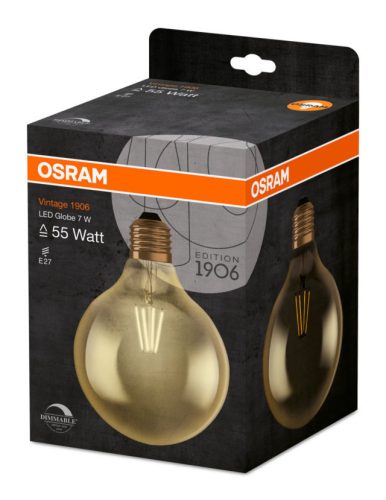 OSRAM Vintage dimmelhető LED globe, átlátszó üveg búra, 7W 725lm 2500K E27, átlagos élettartam: 15000 óra, fényszín: meleg fehér LED VINTAGE CL GLOBE DIM 55 FIL 7W 2500K E27 ( 4058075808997 )