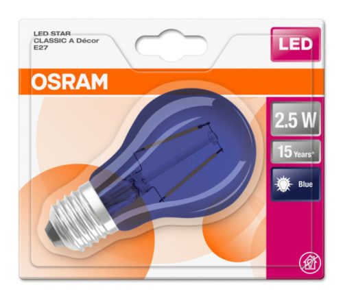 OSRAM Star színes LED körte, kék, üveg búra, 2,5W 10lm 3000K E27, átlagos élettartam: 15000 óra, fényszín: kék LED STAR+ DECO CL A 15 300° 2.5W 3000K E27 BLUE ( 4058075815995 )