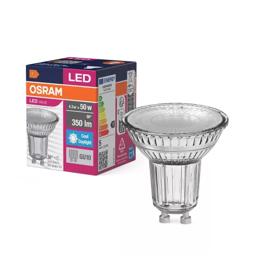 OSRAM Value LED spot, GU10 foglalat, 4,3W, 6500K, 350lm, hideg fehér, energiatakarékos