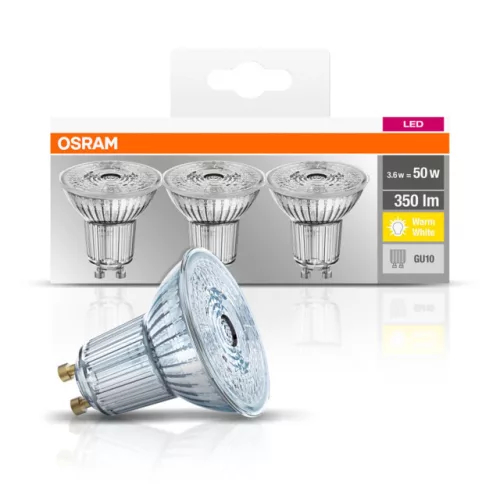 OSRAM Base LED spot, GU10 foglalat, 4,3W, 2700K, 350lm, meleg fehér, 3 db-os csomag, 3 db csomag
