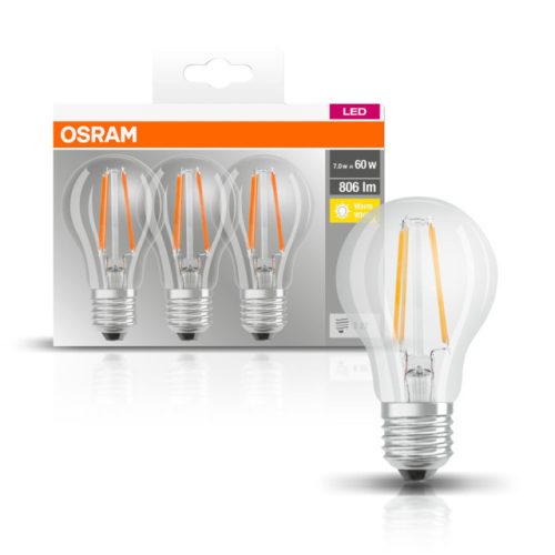 OSRAM Base LED körte, átlátszó üveg búra, 7W 806lm 2700K E27 − 3 db-os szett, átlagos élettartam: 10000 óra, fényszín: meleg fehér LED BASE CL A 60 FIL 7W 2700K E27 x3 ( 4058075819290 )