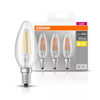 OSRAM Base LED gyertya izzó, átlátszó üveg búra, E14 foglalat, 4W, 2700K, 470lm, 3 db csomag