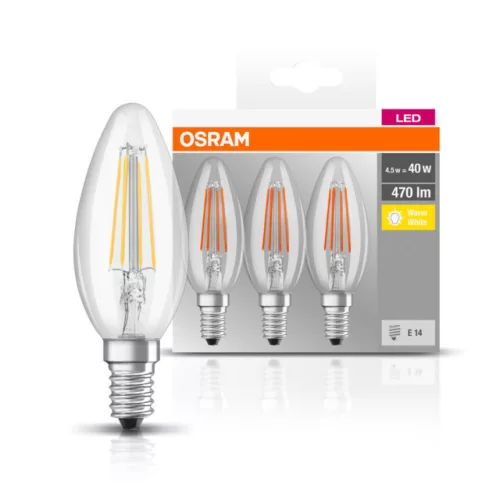 OSRAM Base LED gyertya izzó, átlátszó üveg búra, E14 foglalat, 4W, 2700K, 470lm, 3 db csomag