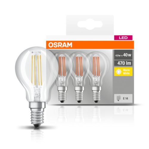 OSRAM Base LED kisgömb, átlátszó üveg búra, 4W 470lm 2700K E14 − 3 db-os szett, átlagos élettartam: 10000 óra, fényszín: meleg fehér LED BASE CL P 40 FIL 4W 2700K E14 x3 ( 4058075819337 )