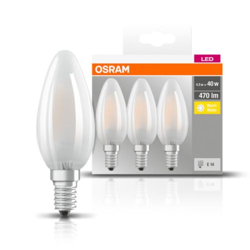 OSRAM Base LED gyertya, matt üveg búra, 4W 470lm 2700K E14 − 3 db-os szett, átlagos élettartam: 10000 óra, fényszín: meleg fehér LED BASE CL B 40 GL FR 4W 2700K E14 x3 ( 4058075819375 )