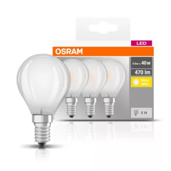 OSRAM Base LED kisgömb izzó, matt üveg búra, E14 foglalat, 4W, 2700K, 470lm, 3 db csomag