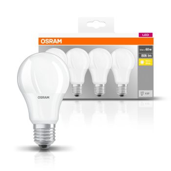 OSRAM Base LED izzó, classic forma, matt búra, E27 foglalat, 8W, 806lm, 2700K meleg fehér 4db