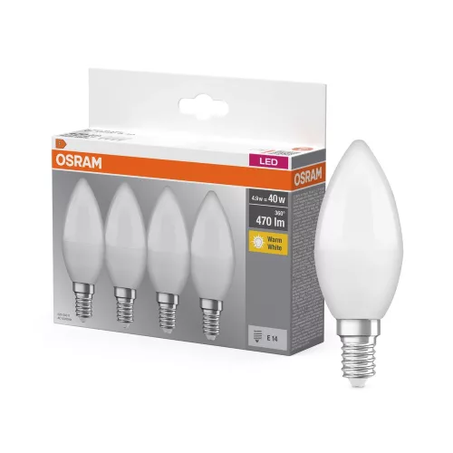 OSRAM Base LED gyertya izzó matt, E14 foglalat, 4,9W, 2700K, 470lm, meleg fehér, 4db csomag