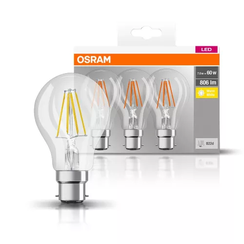 OSRAM Base LED izzó, körte forma, átlátszó üveg, B22d foglalat, 7W, 2700K, 806lm, meleg fehér