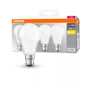 OSRAM Base LED izzó, matt plasztik búra, B22d foglalat, 8W, 806lm, 2700K meleg fehér 4db