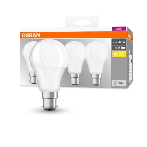 OSRAM Base LED izzó, matt plasztik búra, B22d foglalat, 8W, 806lm, 2700K meleg fehér 4db