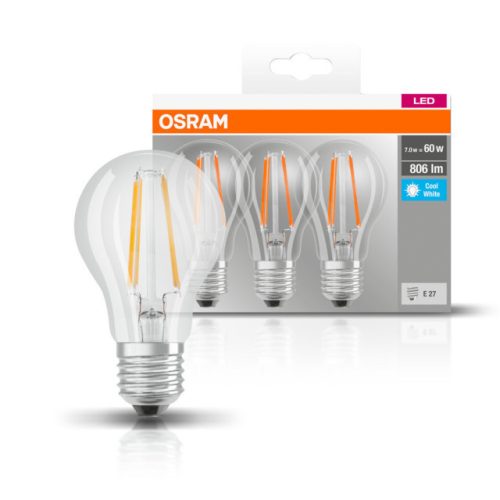 OSRAM Base LED körte, átlátszó üveg búra, 6,5W 806lm 4000K E27 − 3 db-os szett, átlagos élettartam: 10000 óra, fényszín: hideg fehér LED BASE CL A 60 FIL 6.5W 4000K E27 x3 ( 4058075819535 )