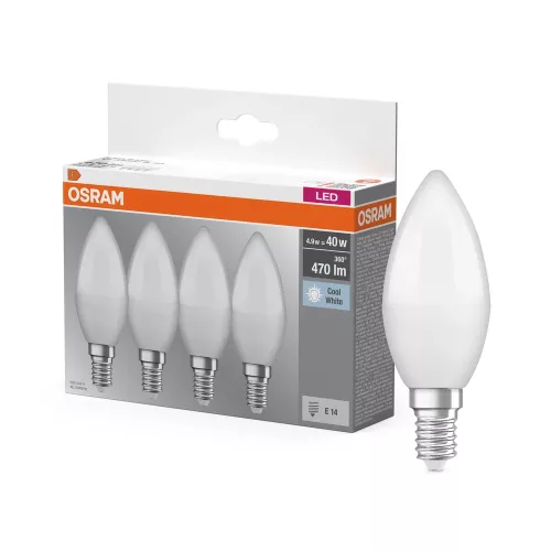 OSRAM Base LED gyertya izzó matt plasztik, E14 foglalat, 4,9W, 4000K, 470lm, semleges fehér, 4db