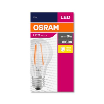 OSRAM Value LED izzó, körte forma, átlátszó üveg búra, E27 foglalat, 7W, 2700K, 806lm, meleg fehér