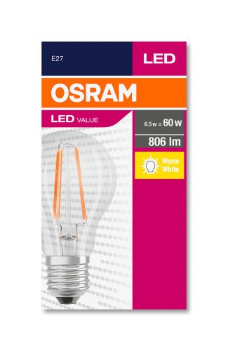 OSRAM Value LED körte, átlátszó üveg búra, 7W 806lm 2700K E27, átlagos élettartam: 10000 óra, fényszín: meleg fehér LED VALUE CL A 60 FIL 7W 2700K E27 ( 4058075819658 )
