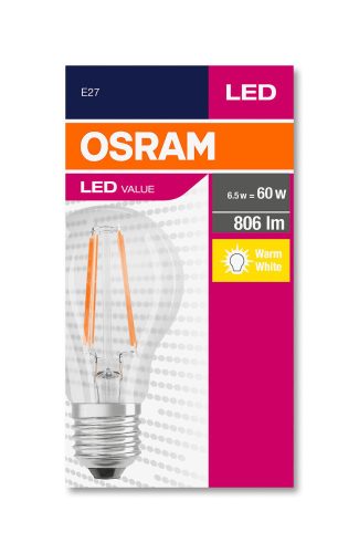OSRAM Value LED izzó, körte forma, átlátszó üveg búra, E27 foglalat, 7W, 2700K, 806lm, meleg fehér