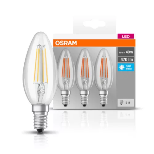 OSRAM Base LED gyertya izzó, átlátszó üveg búra, E14 foglalat, 4W, 4000K, 470lm, hideg fehér