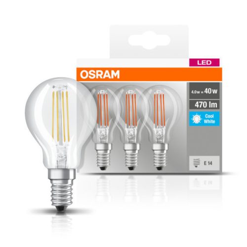 OSRAM Base LED kisgömb, átlátszó üveg búra, 4W 470lm 4000K E14 − 3 db-os szett, átlagos élettartam: 10000 óra, fényszín: hideg fehér LED BASE CL P 40 FIL 4W 4000K E14 x3 ( 4058075819733 )