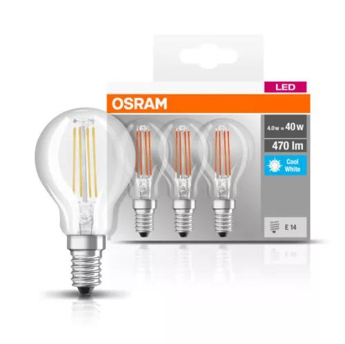 OSRAM Base LED kisgömb izzó, átlátszó üveg búra, E14 foglalat, 4W, 4000K, 470lm, hideg fehér