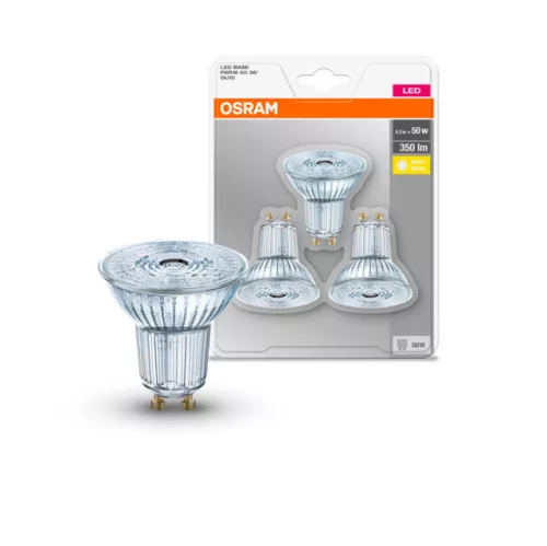OSRAM Base LED spot, GU10 foglalat, 4,3W, 2700K, 350lm, meleg fehér, 3 db-os csomag