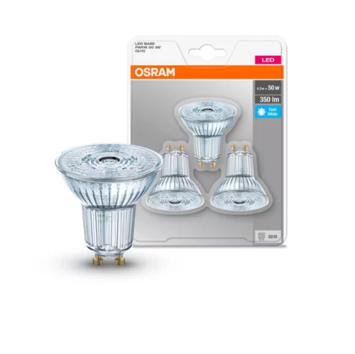 OSRAM Base LED spot, GU10 foglalat, 4,3W, 4000K, 350lm, hideg fehér, 3 db-os csomag, 3 db csomag