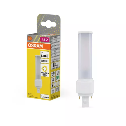 OSRAM Dulux D VT LED kompakt fénycső, matt búra, G24d foglalat, 5W, 540lm, 3000K meleg fehér, 110mm