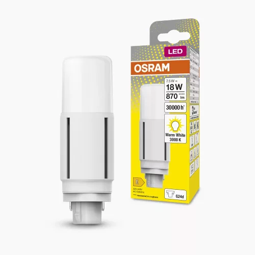 OSRAM Dulux D VT LED kompakt fénycső, matt búra, G24d, 7,5W, 870lm, 3000K meleg fehér, 124mm