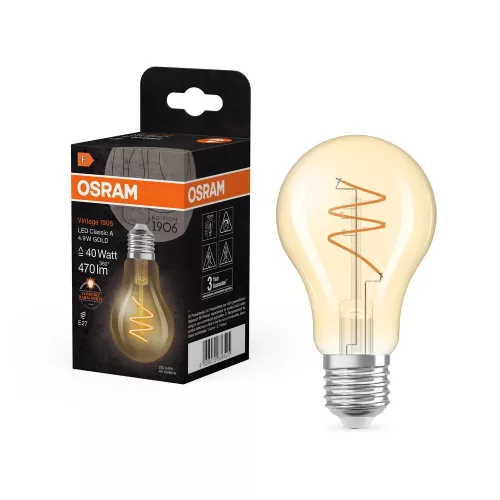 OSRAM Vintage 1906 LED izzó, classic forma, arany üveg E27, 4,9W, 470lm, 2200K extra meleg fehér