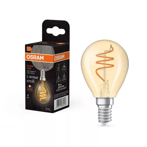 OSRAM Vintage 1906 LED kisgömb forma, üveg, átlátszó arany E14, 4,9W, 470lm, 2200K extra meleg fehér