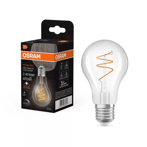 OSRAM Vintage 1906 dimm. LED, classic forma, üveg búra, E27, 4,6W, 470lm, 2200K extra meleg fehér